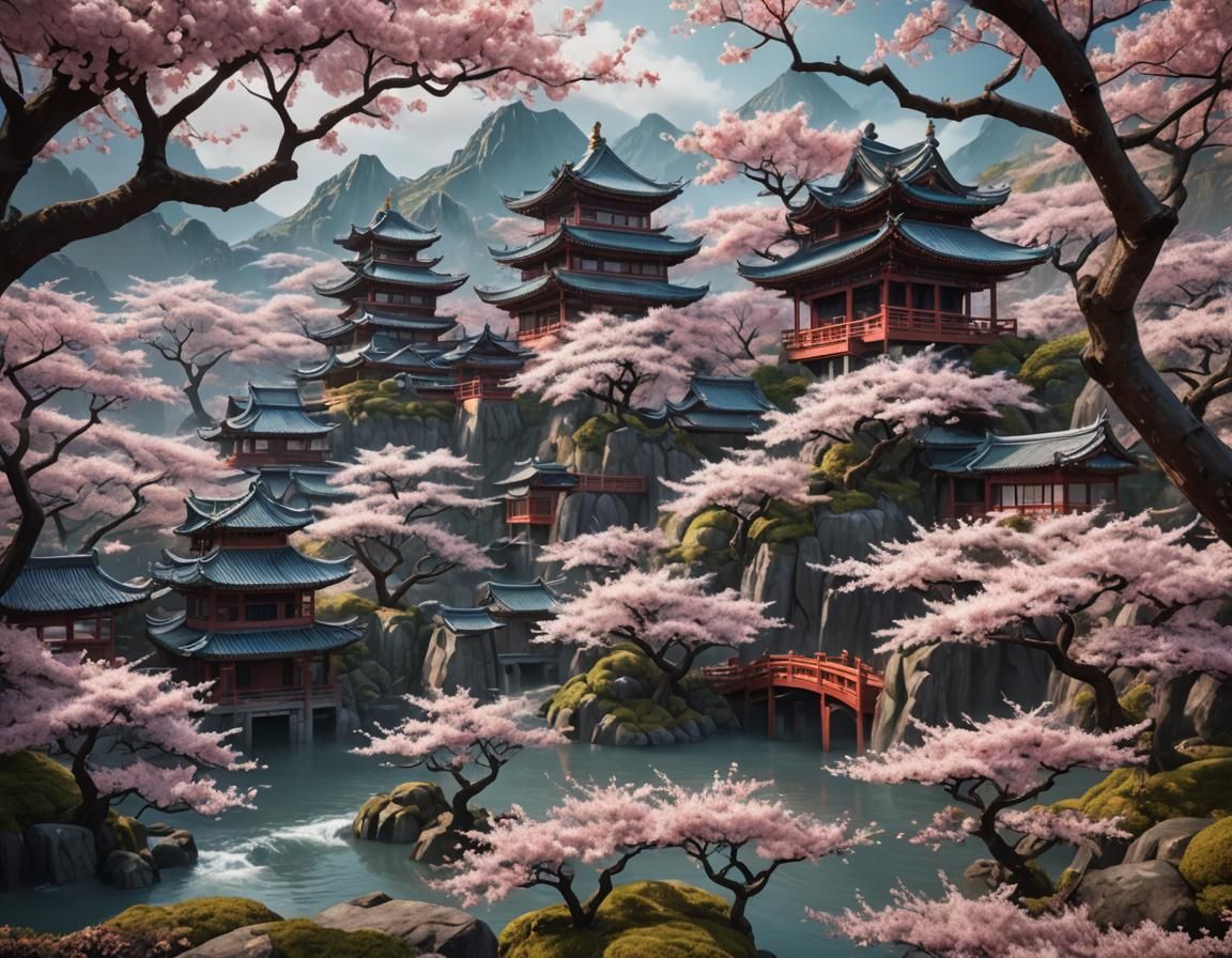 Cherry Blossoms in Ancient Asian Landscape: Matte Painting