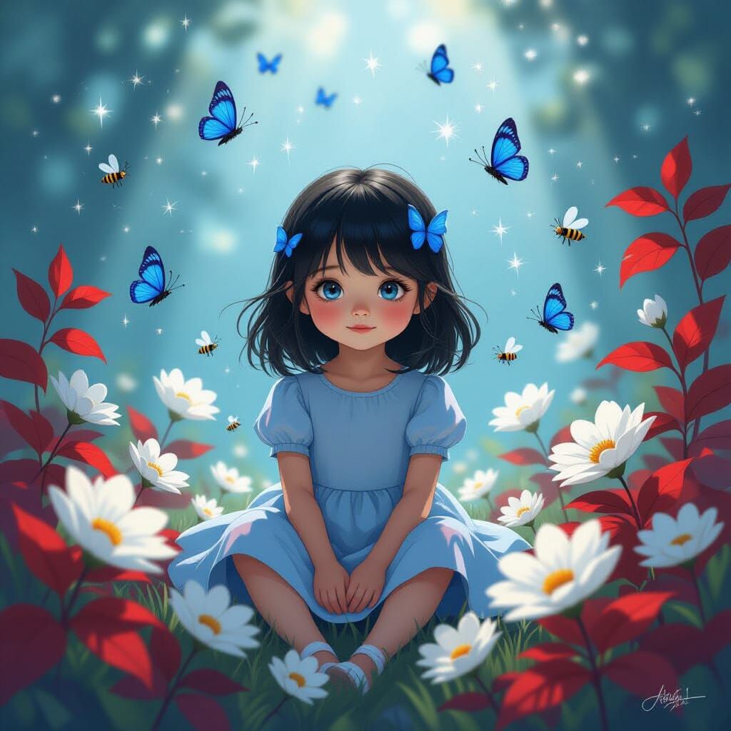 Girl with Butterflies in Rainy Glass Room