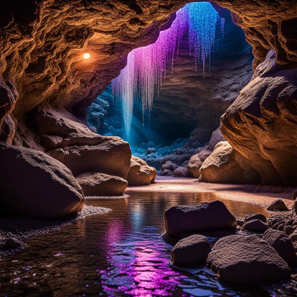Glowing Crystal Cavern with Underground Stream