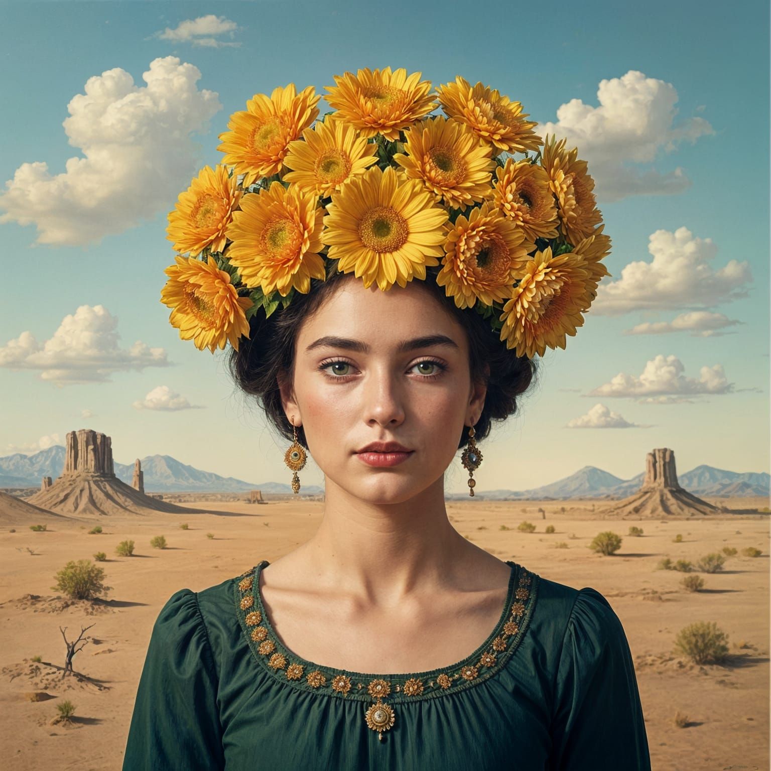 Surreal Flower-Headed Woman in Dream Landscape