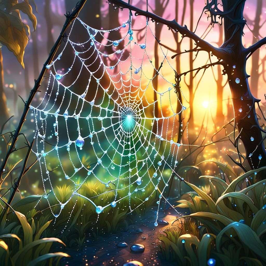 Fairies Creating Dewdrops on Spiderweb, Fantasy Art