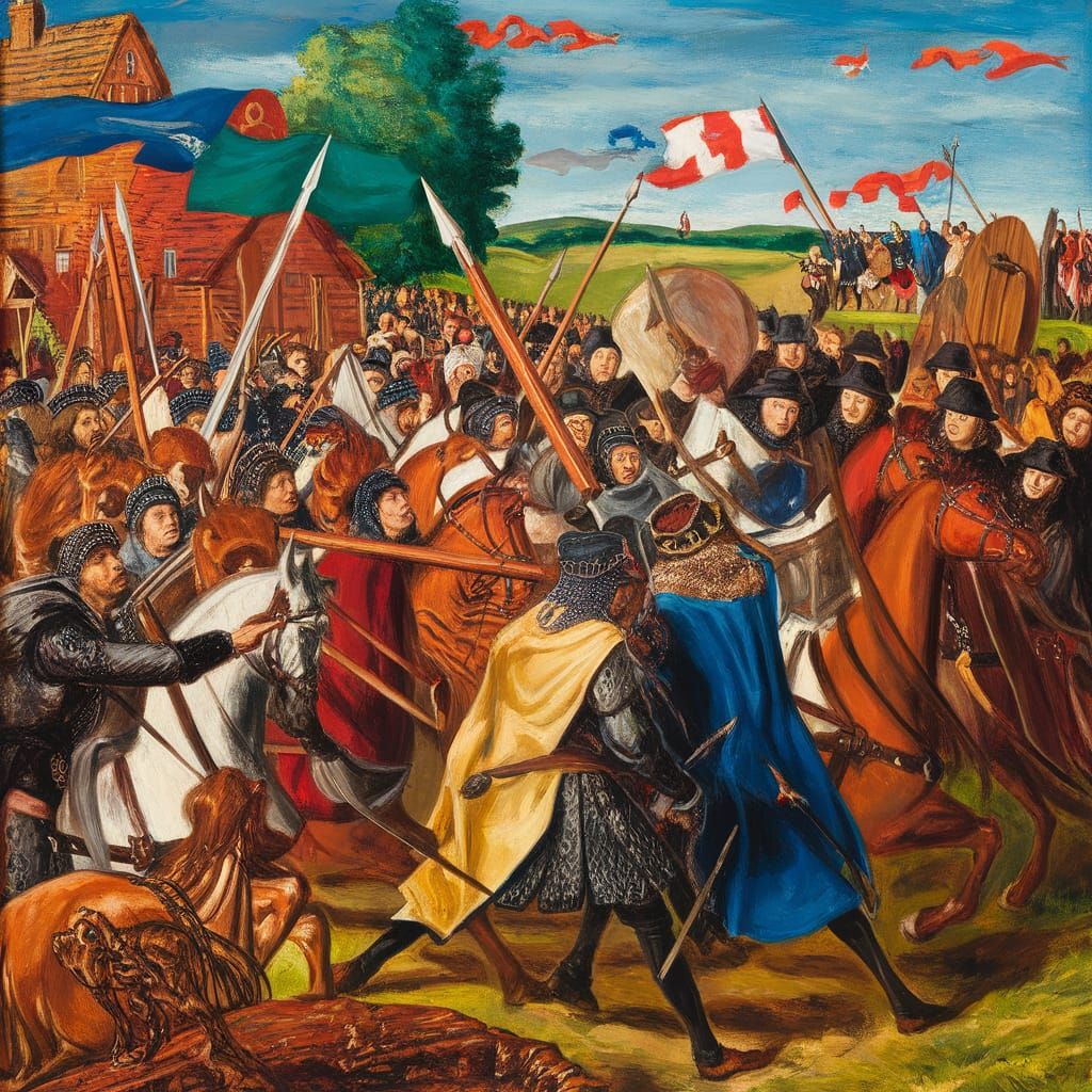 Medieval Battle Scene in Oil Painting Style