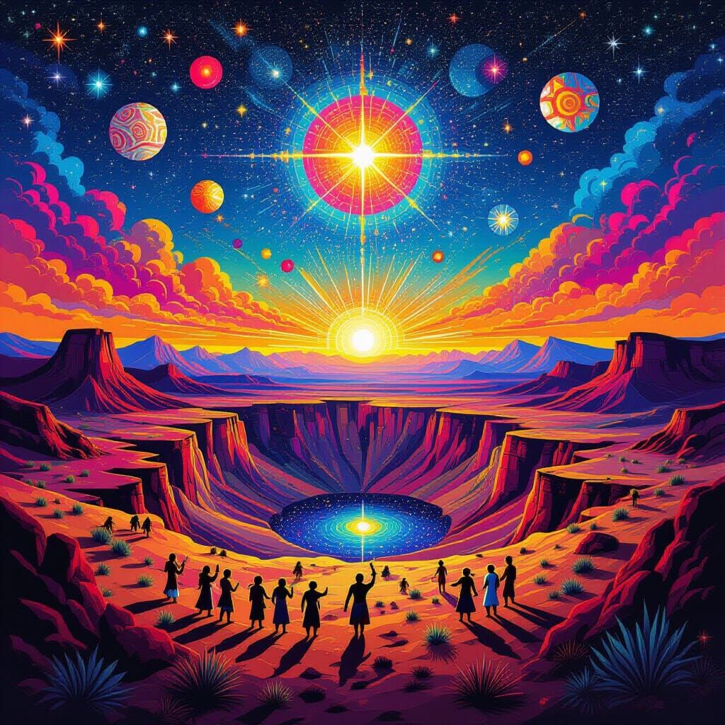 Vivid Neon Meteor Crater with Psychedelic Desert Sky