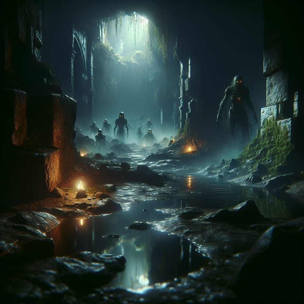 Ghouls Stalking a Dank Fantasy Dungeon