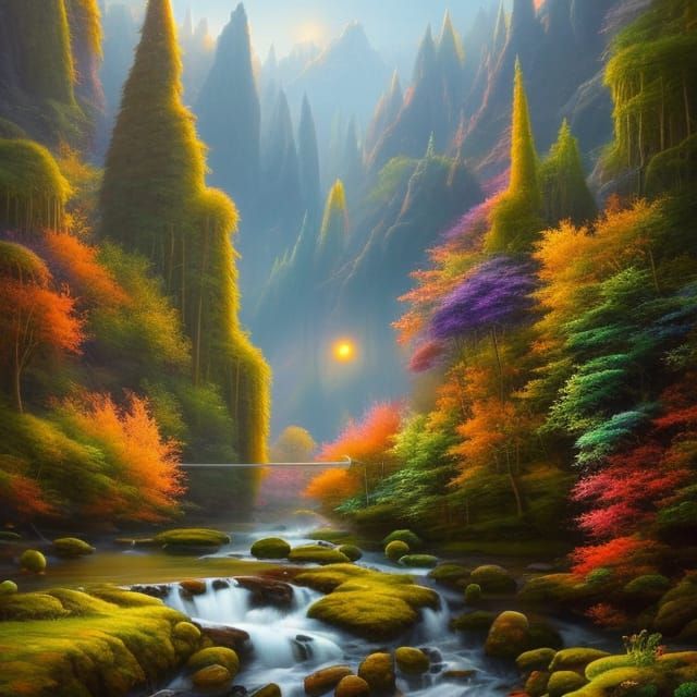Lush Mountain Valley in Surreal Impressionism