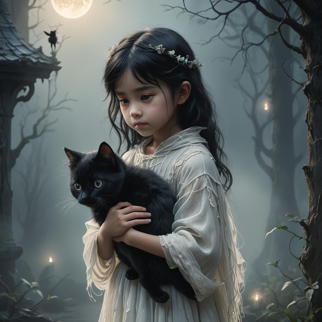 Ethereal Spirit Child Hugging Kitten, Fantastical Realism