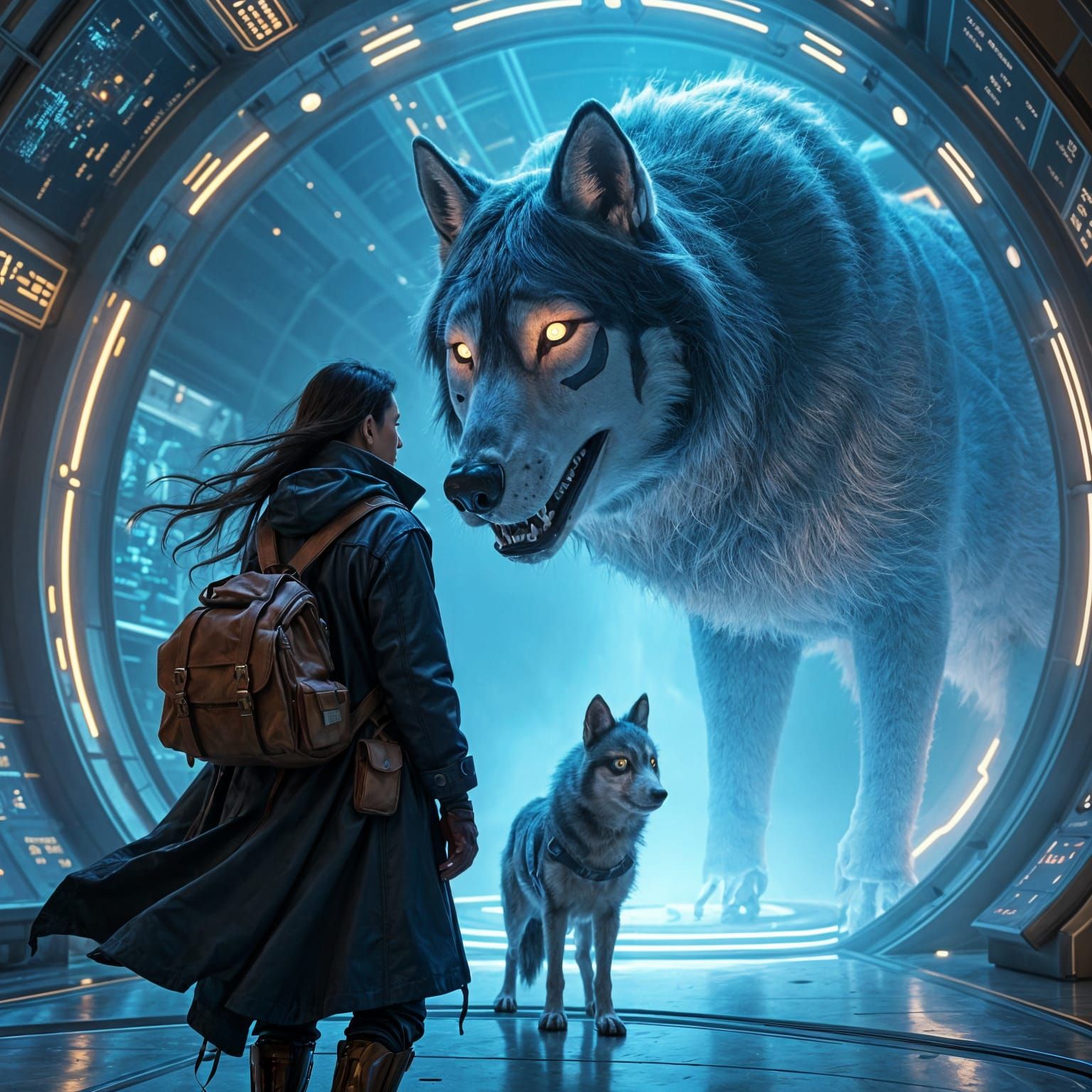 Futuristic Character with Ethereal Wolf in Space Station