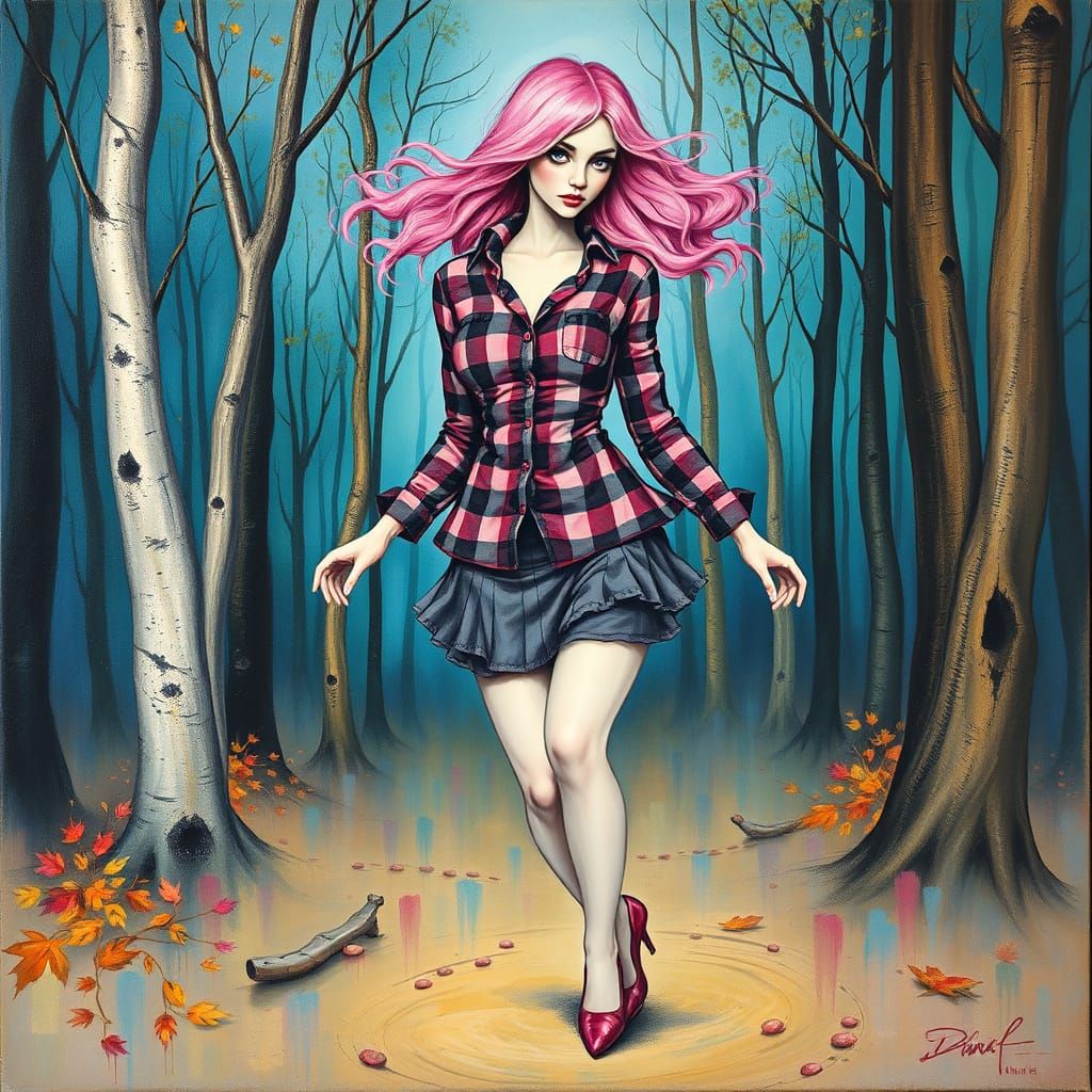 Pink Haired Woman Dancing In Fall Forest Alcohol Ink Style