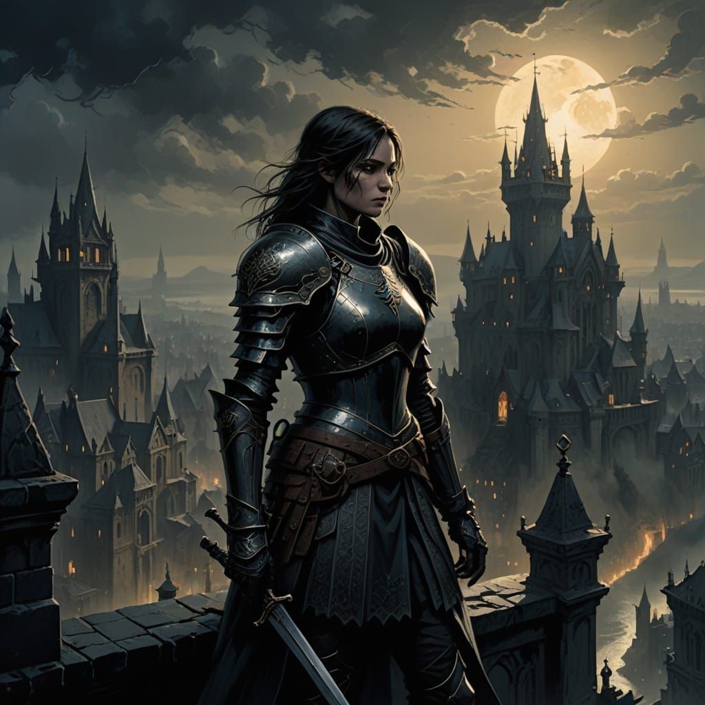 Dark Knight Vigil in Gothic Cityscape