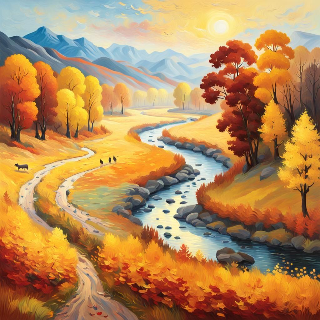 Autumnal Valley with Wildlife in Impressionist Style