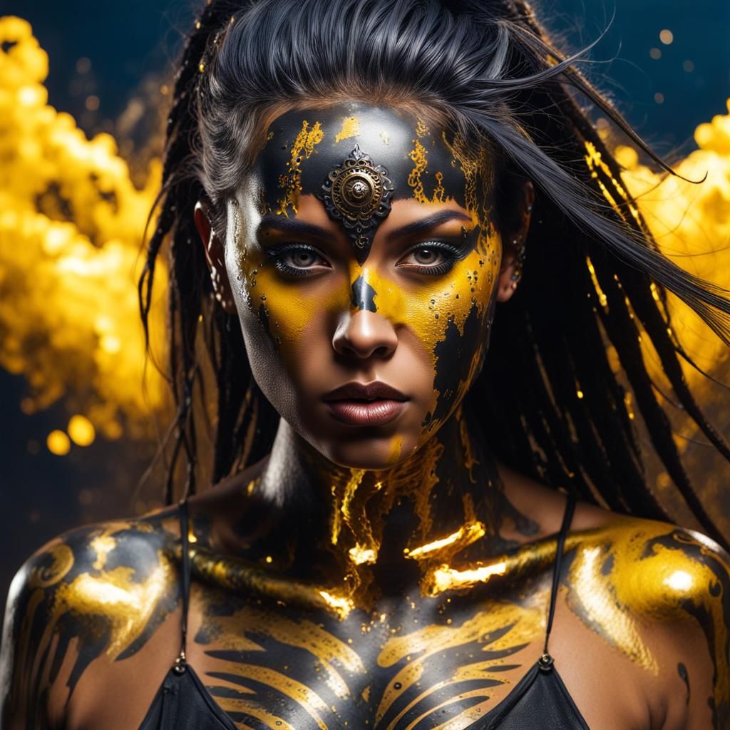 Metal Tattooed Warrior in Yellow Oil Paint