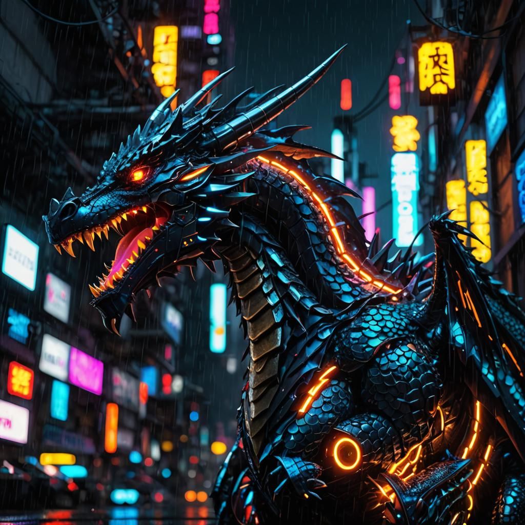 Cyberpunk Dragon Among Neon City Lights