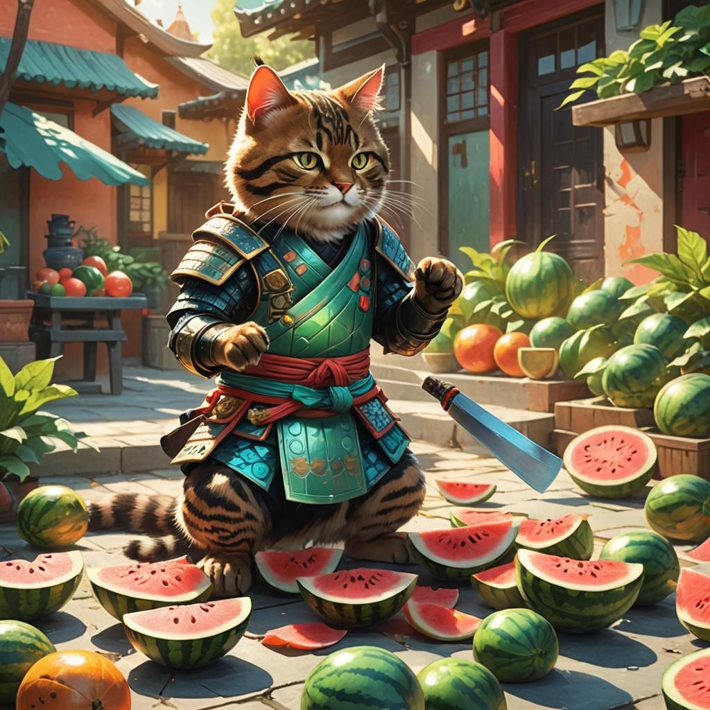 Samurai Cat Slices Watermelons: Vibrant Digital Art