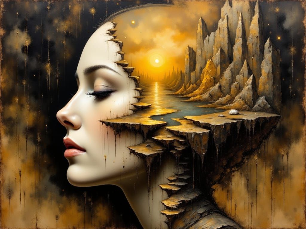 Surreal Woman's Head Reveals Golden Landscape Interior