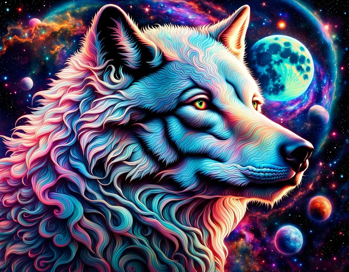 Holographic Astral Wolf Illustration in Mixed Media