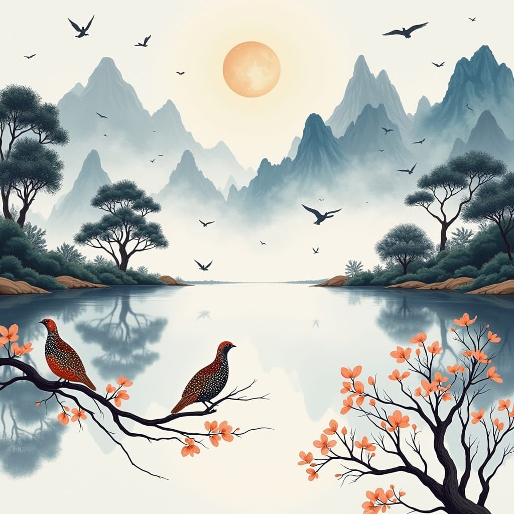 Dreamy Moonlit Jiang River Landscape with Vibrant Foliage an...
