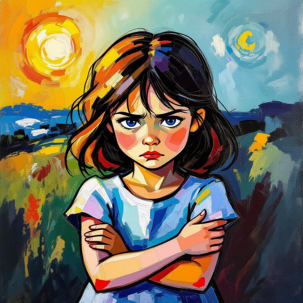 Pouting Girl in Neo-Impressionist Ghibli Style