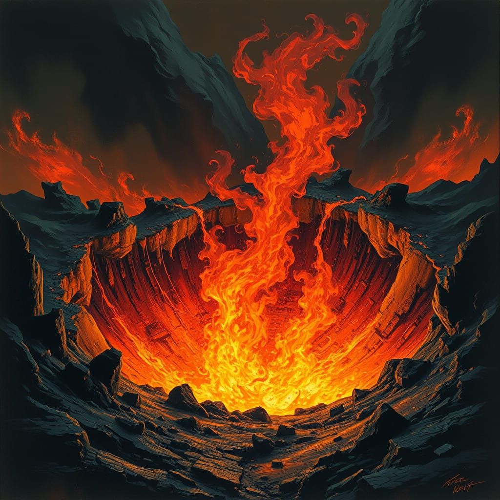 Dark Fantasy Well of Blazing Fire in Ancient Landscape