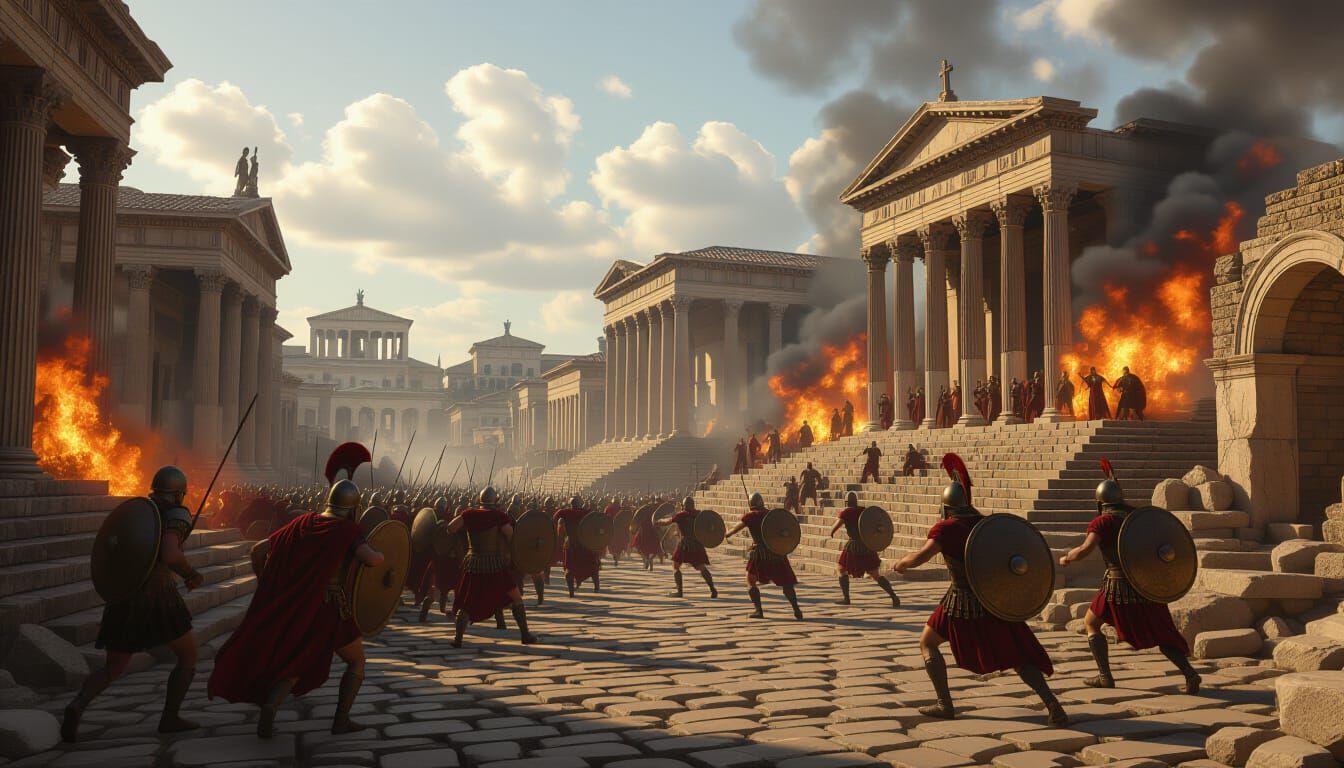 Visigoths Storm Ancient Rome in Fiery Matte Painting