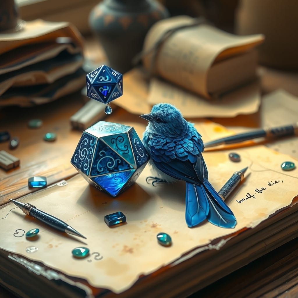 Whimsical Blue Gemstone Dice Amidst Forgotten Treasures