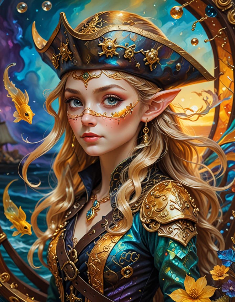 Elf Pirate on Treasure Ship: Surreal Oil Painting