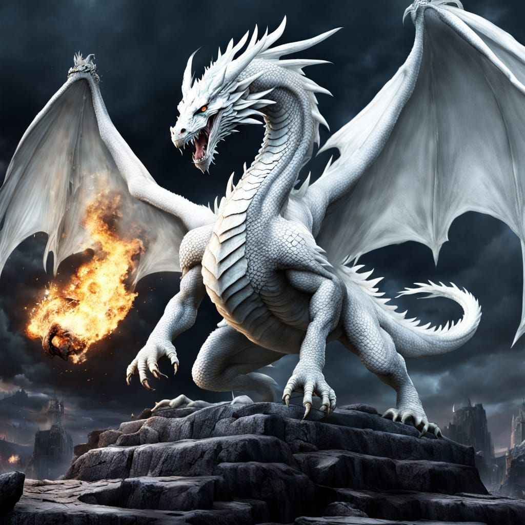 Ethereal White Dragon Ascends from Fiery Ruins