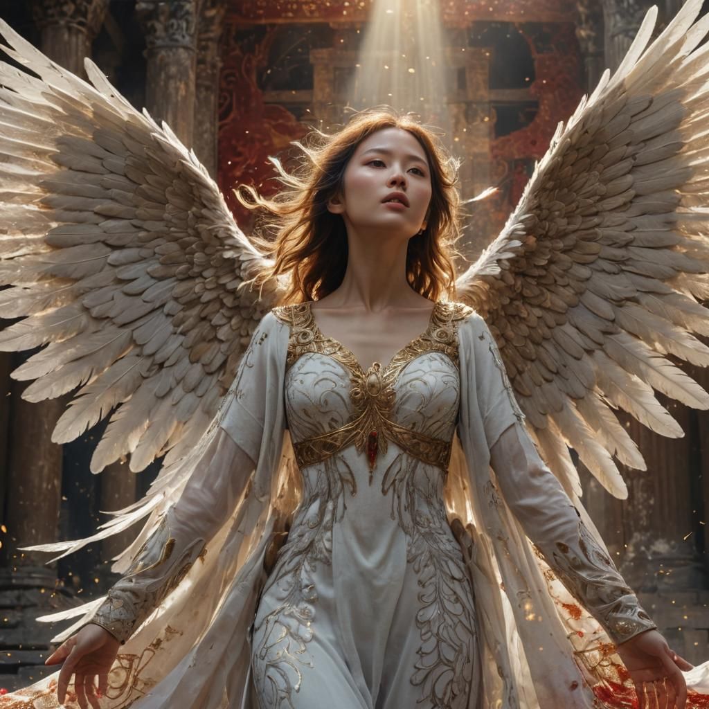 Fierce Angel in Ancient Palace: Vivid Digital Art