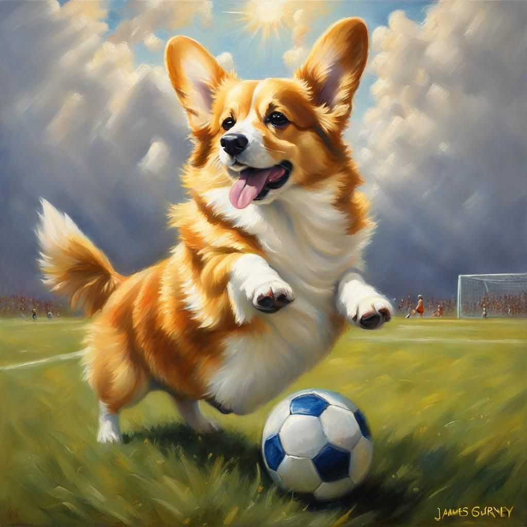 Corgis Playing Soccer in a Divine Oil Painting