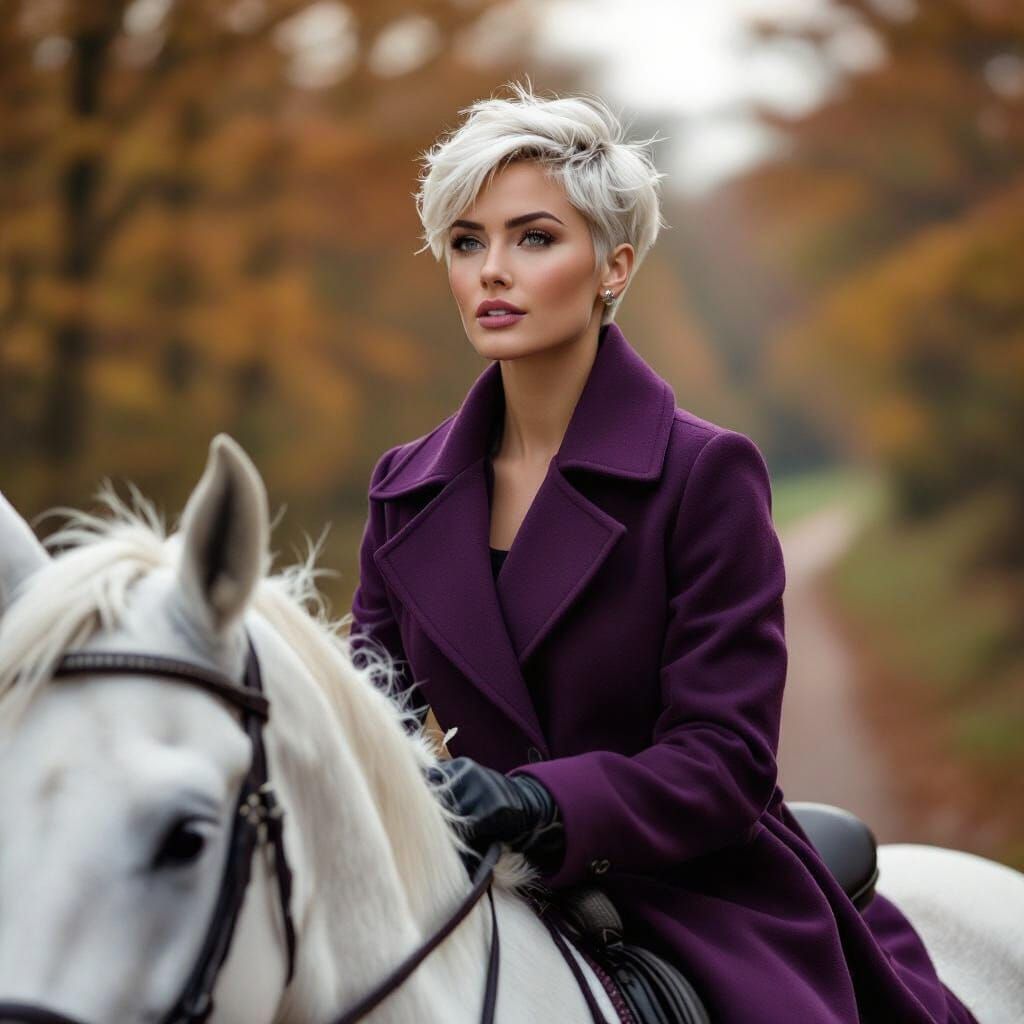 Woman Rides White Mare Through Autumn Forest