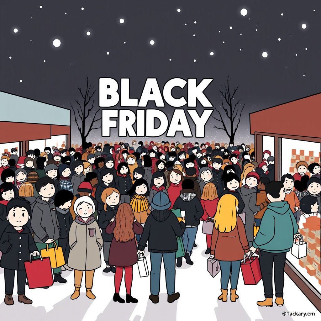 cartoon Black Friday shopping crowd