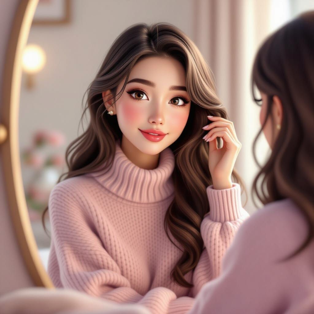 Elegant Woman Styles Her Long Hair in Realistic 3D Portrait