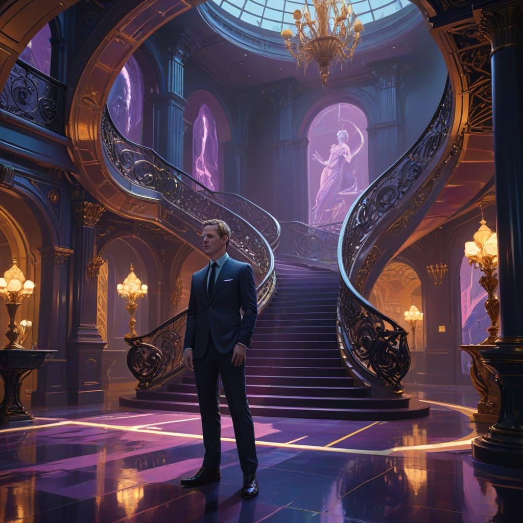 Confident Tech CEO in Baroque Cyberpunk Palace