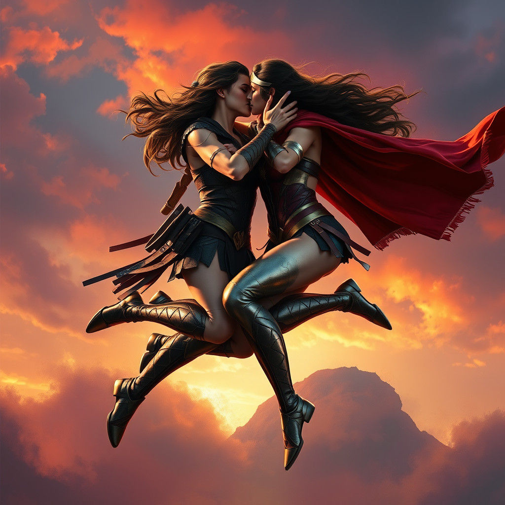 Tender Moment of Two Female Warriors in Flight