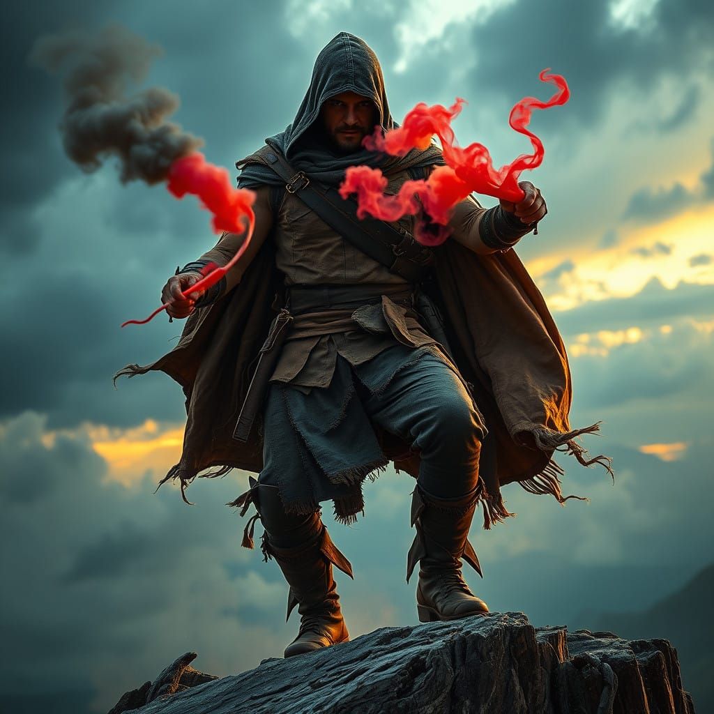 Rugged Warrior Dominates Dramatic Skies in Gritty Oil-Painti...