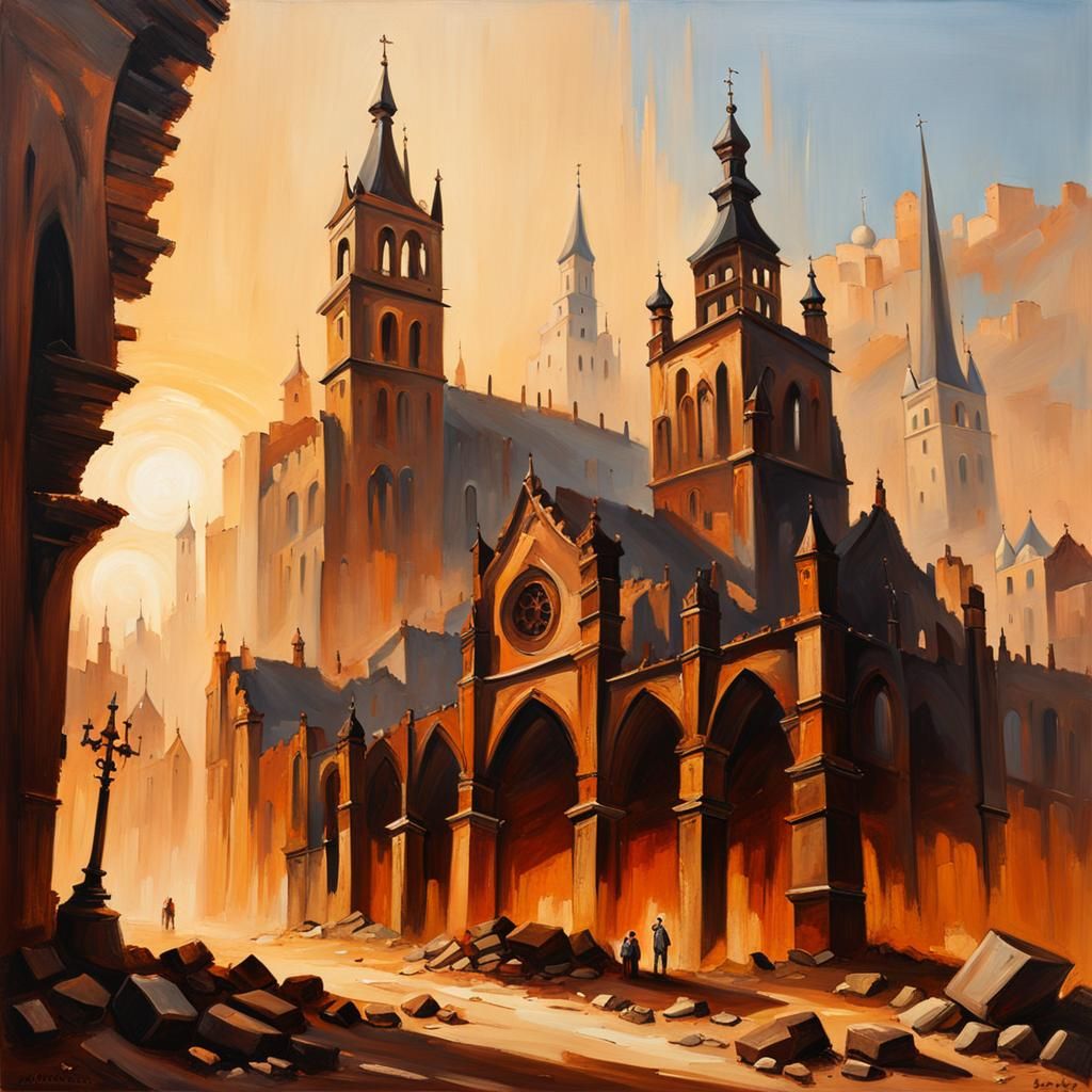 Ashen Medieval City in Ruins: Oil Painting