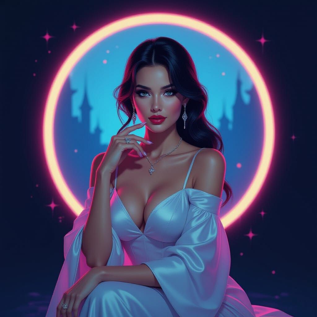 Elegant Woman in Neon Mystical Environment