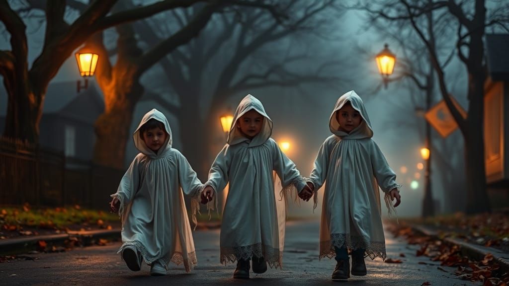 Ghostly Children on a Haunted Halloween Street