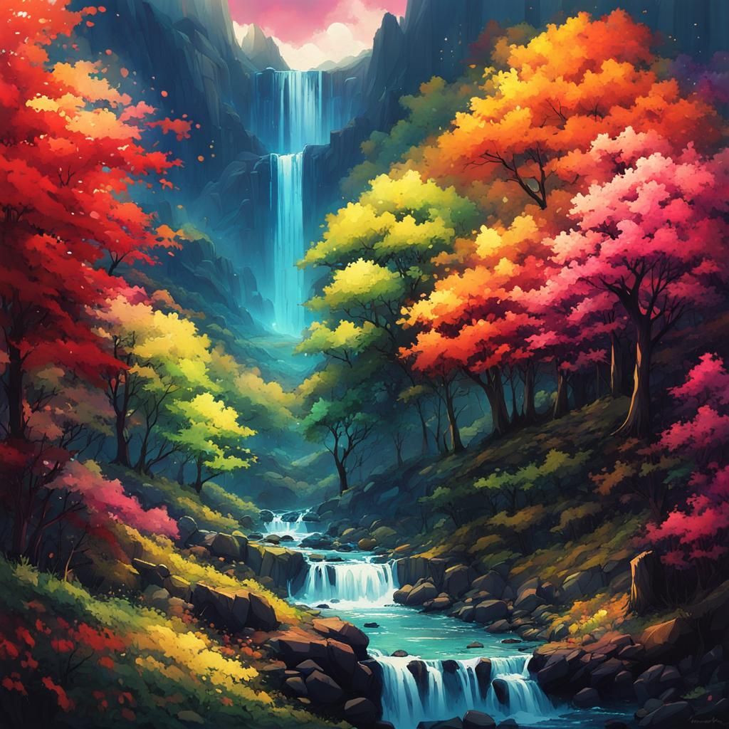 Vibrant Waterfall in Anime-Inspired Style