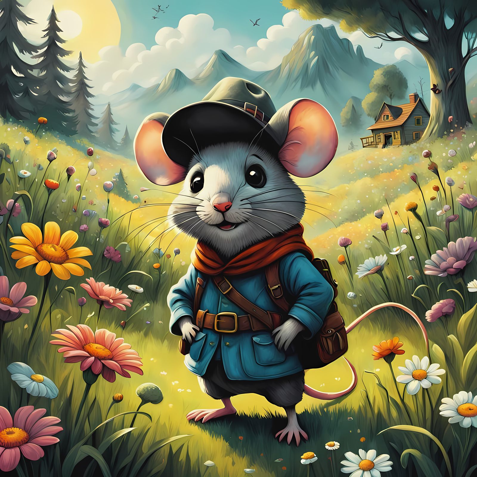 Charming Explorer Mouse in Vibrant Floral Landscape
