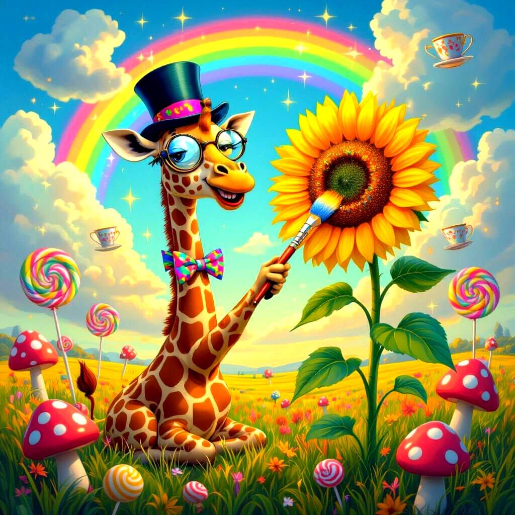 Psychedelic Giraffe Painting a Sunflower in Dreamscape