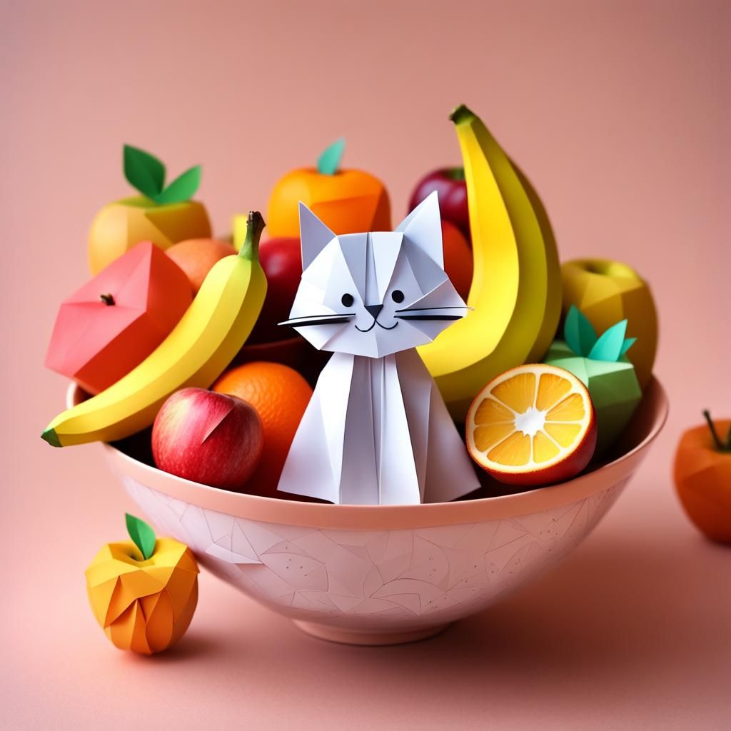 Bowl of Fruit with Cute Cat in Origami Style