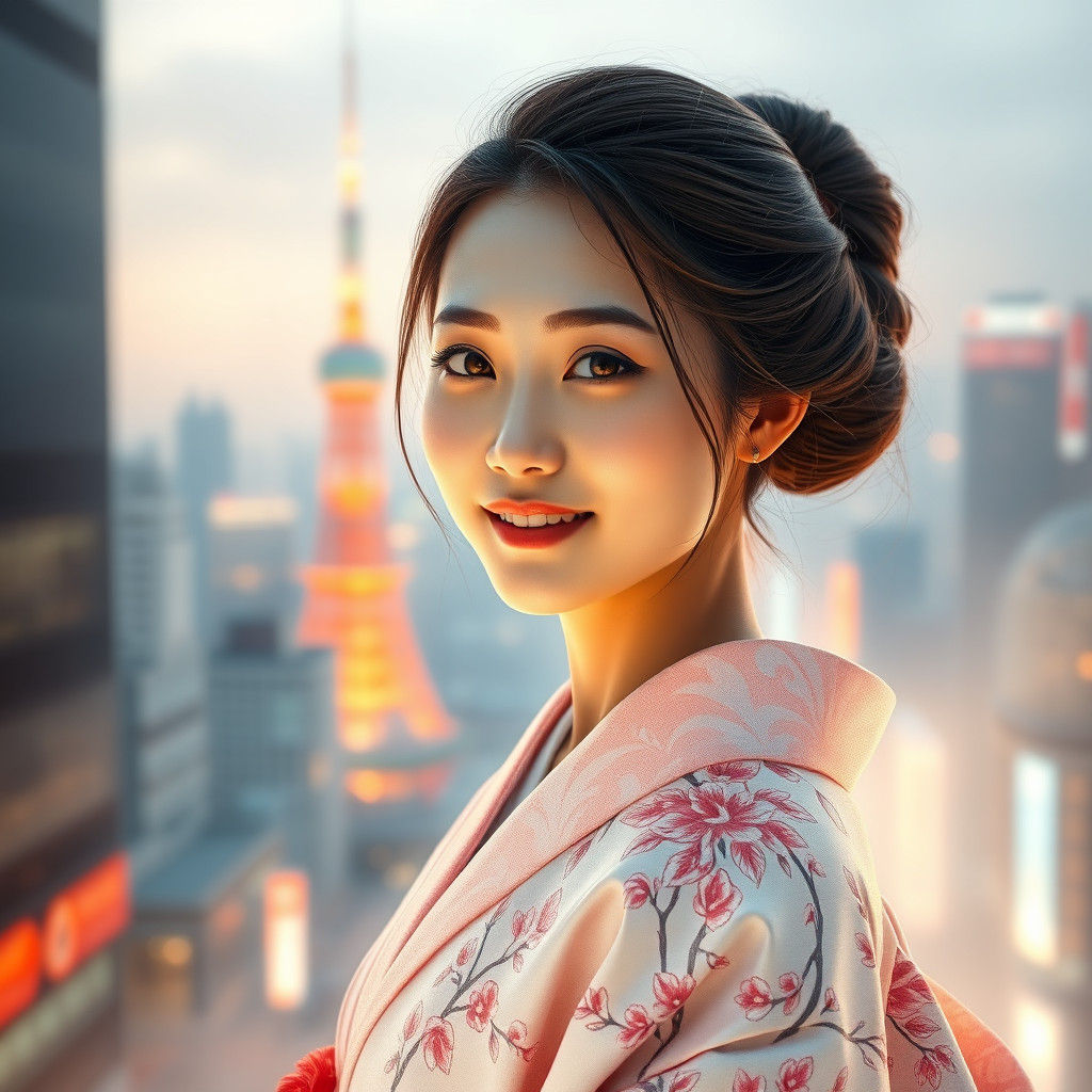Japanese Woman Portrait with Tokyo Backdrop in Kusama Style