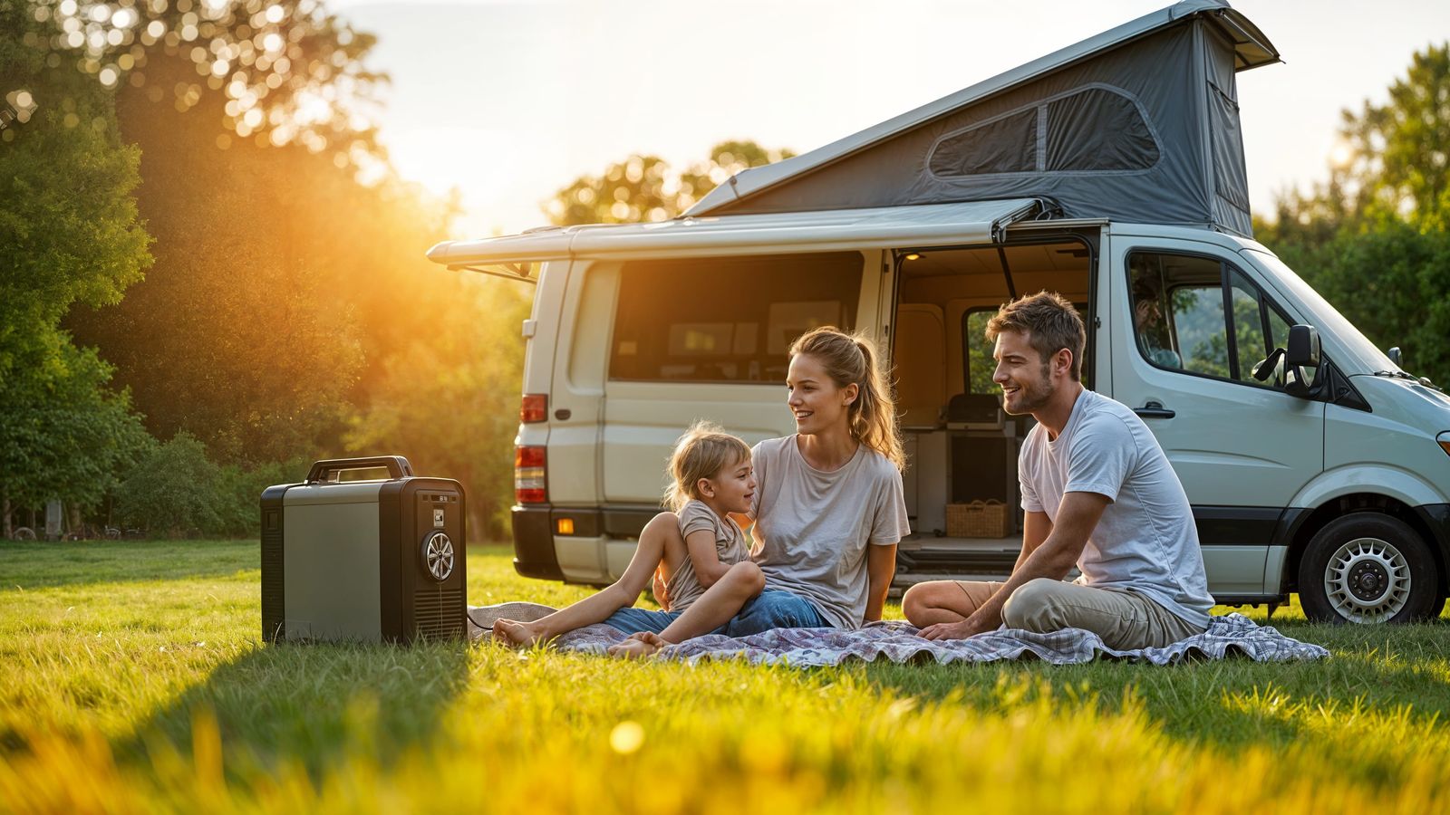 Campervan Family Scene with Inverter Generator