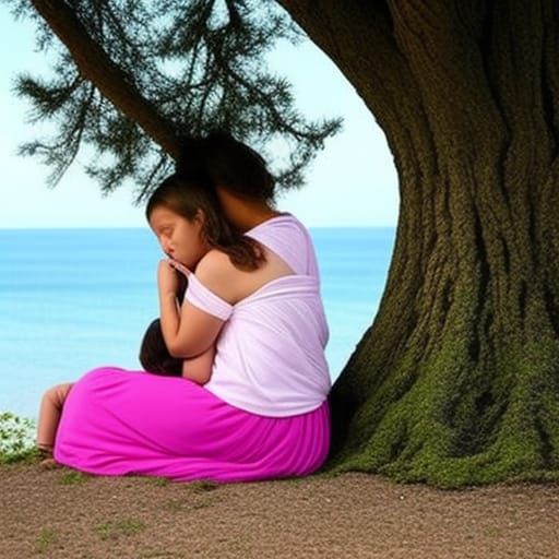 Mother and Child Resting by the Sea