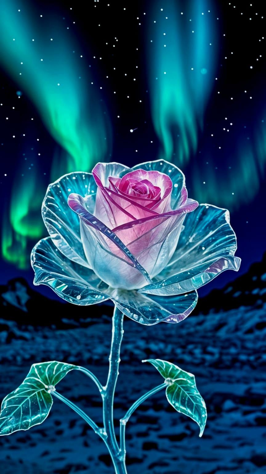 Iridescent Ice Rose on Glacier Under Northern Lights