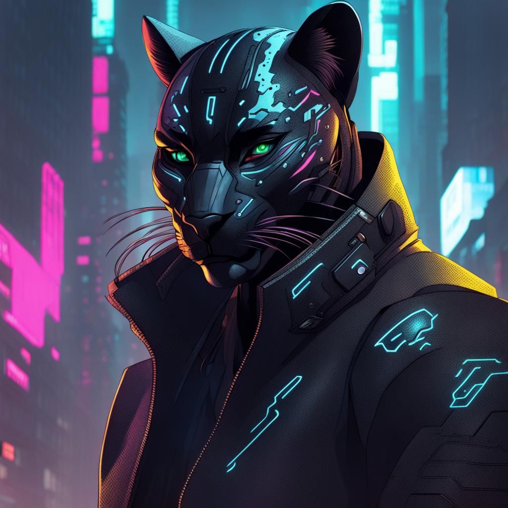 Cyberpunk Panther Person with Bioluminescence