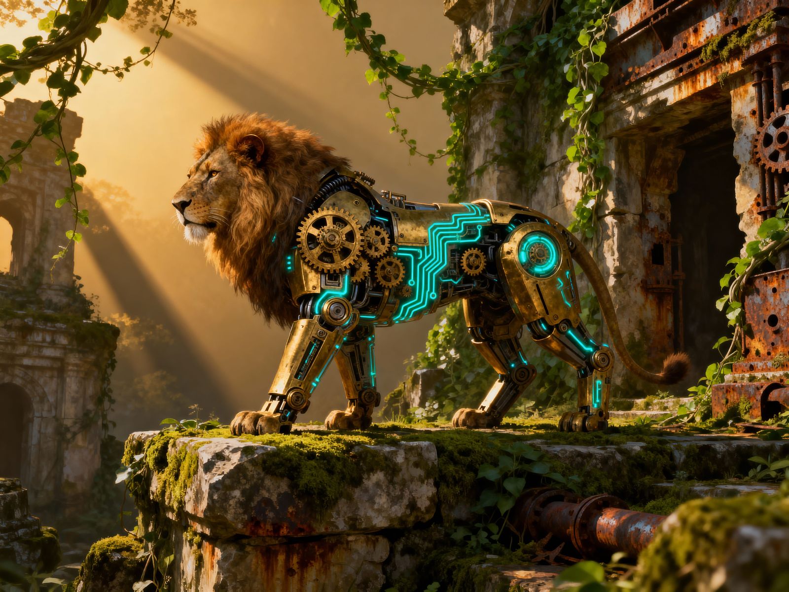 Robotic Lion on Ancient Ruins in Volumetric Light