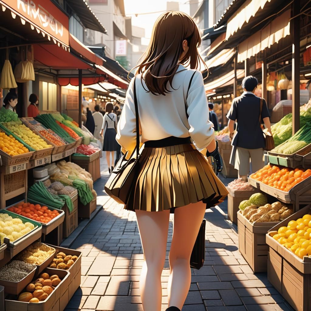 Anime Girl in Market Scene: 3D Rendered Art