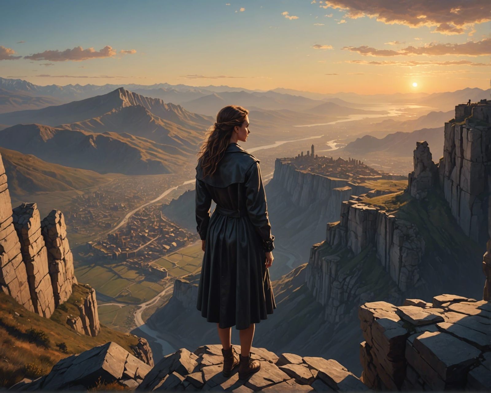 Woman Overlooks Ruined City at Sunset