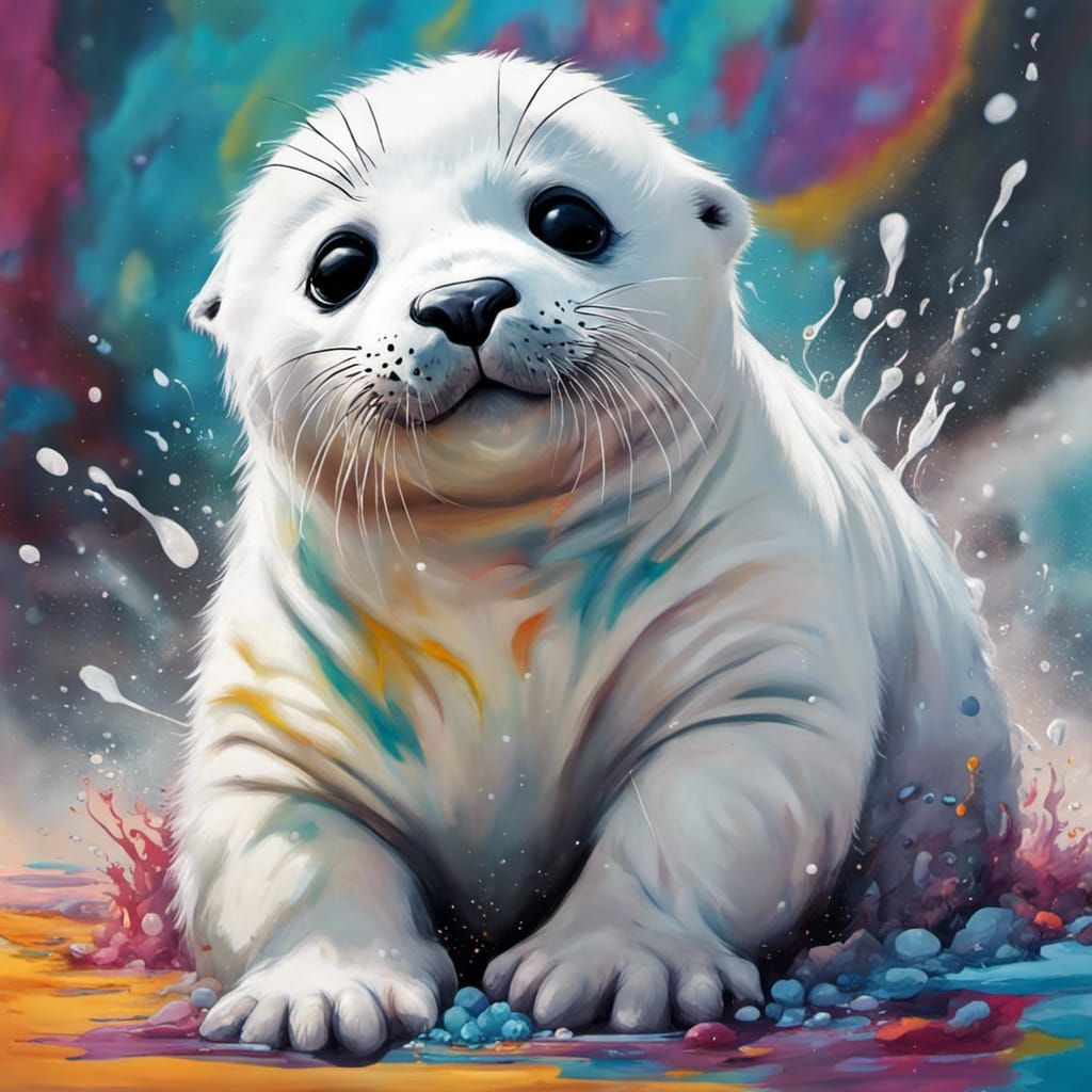 Cute Harp Seal in Graffiti Splash Art Style